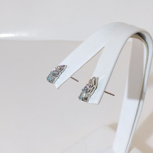 Blue Zircon, Tanzanite, Diamond Oval Post Earrings - Picture 5 of 6